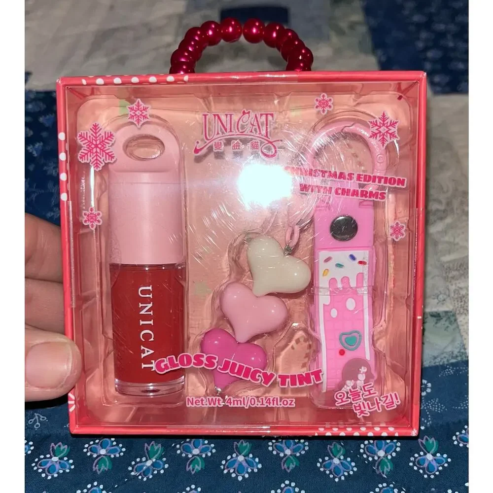 NEW! Unicat Juicy Tint Edition Set 4ml red lip gloss & heart-shaped charms